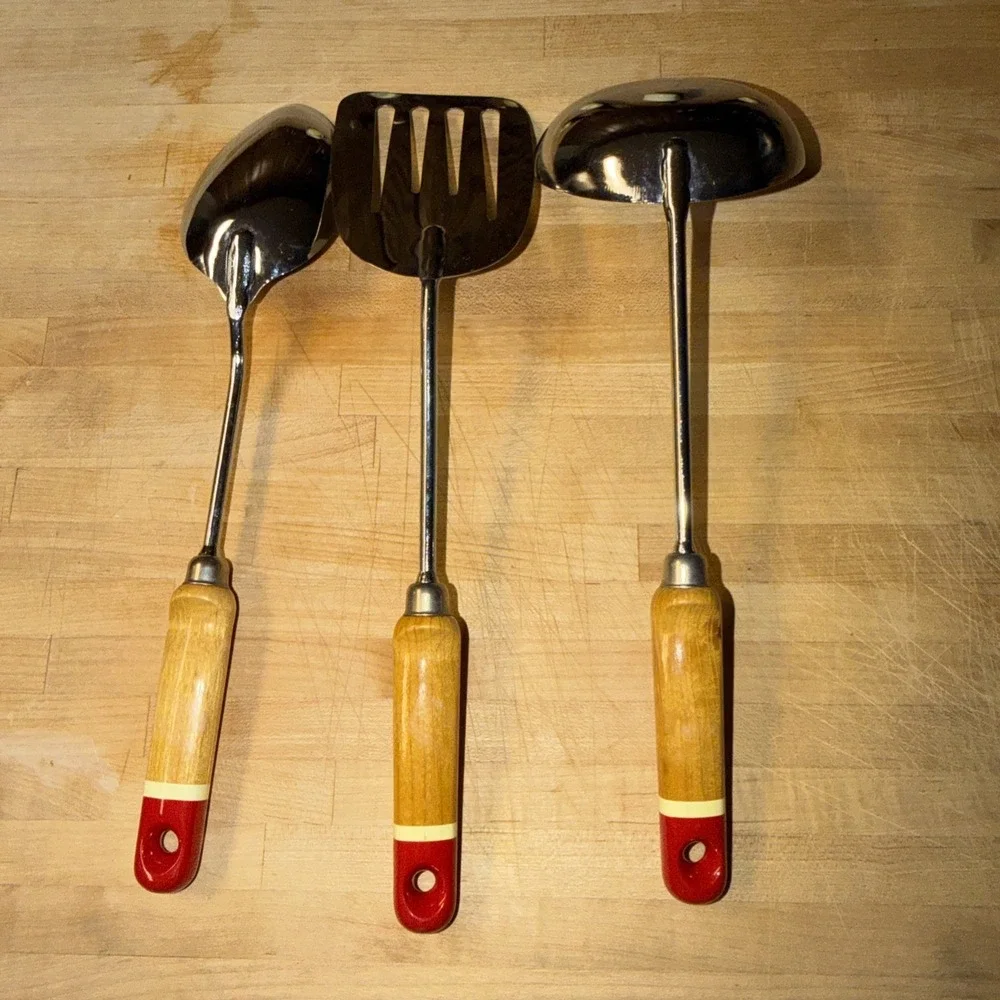 Vintage Ekco Chief Kitchen Utensils Red Wood Handle Stainless Steel. Made In USA